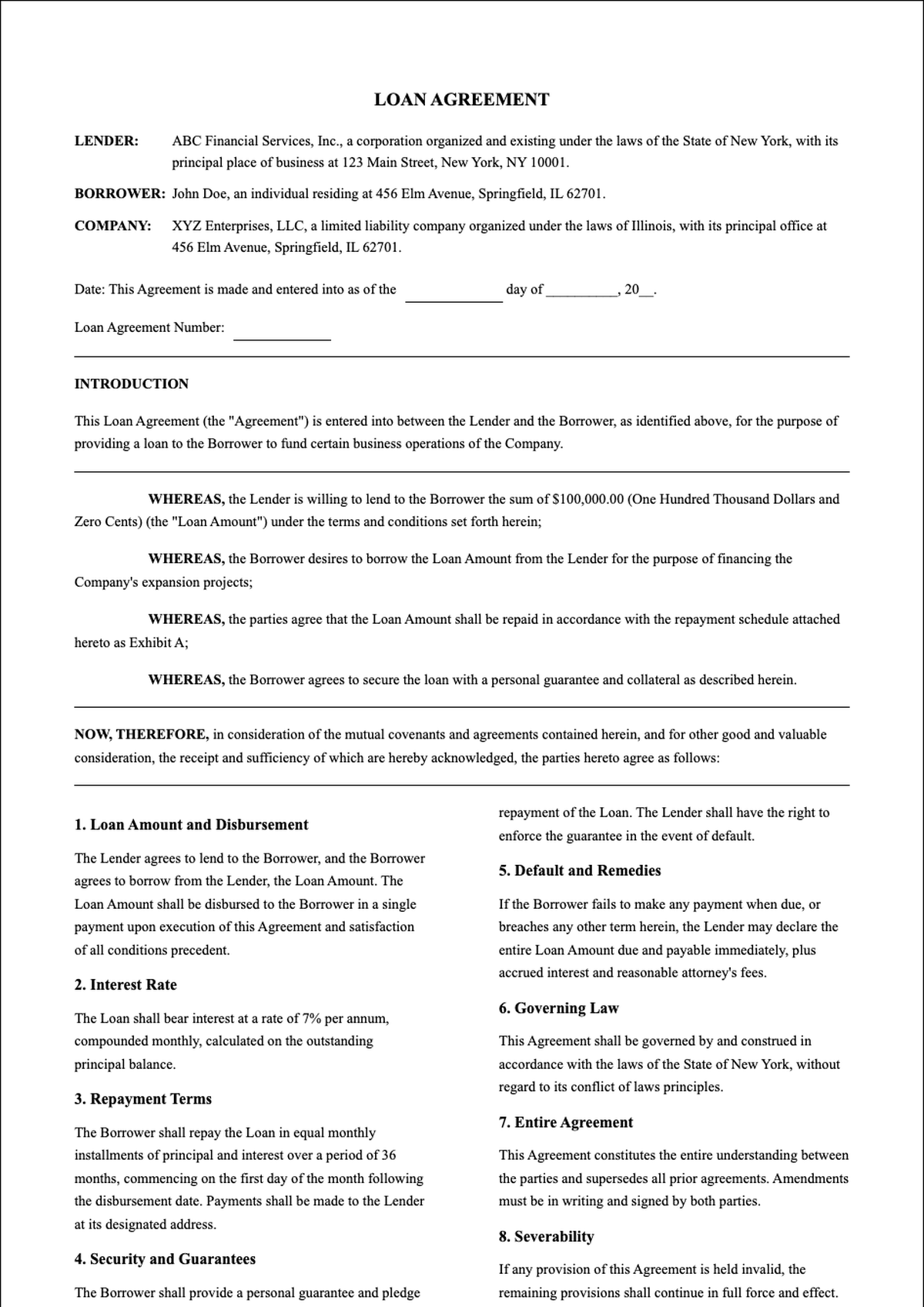 Legal loan agreement document between lender and company with fillable fields_variant_2